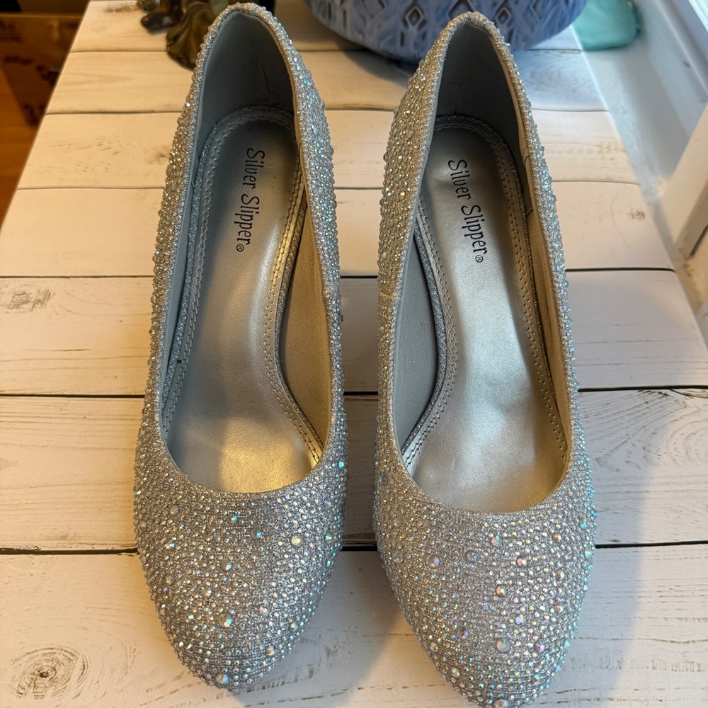 Silver Slipper | Glittering Bejeweled 4" Silver Heels - Picture 2 of 7